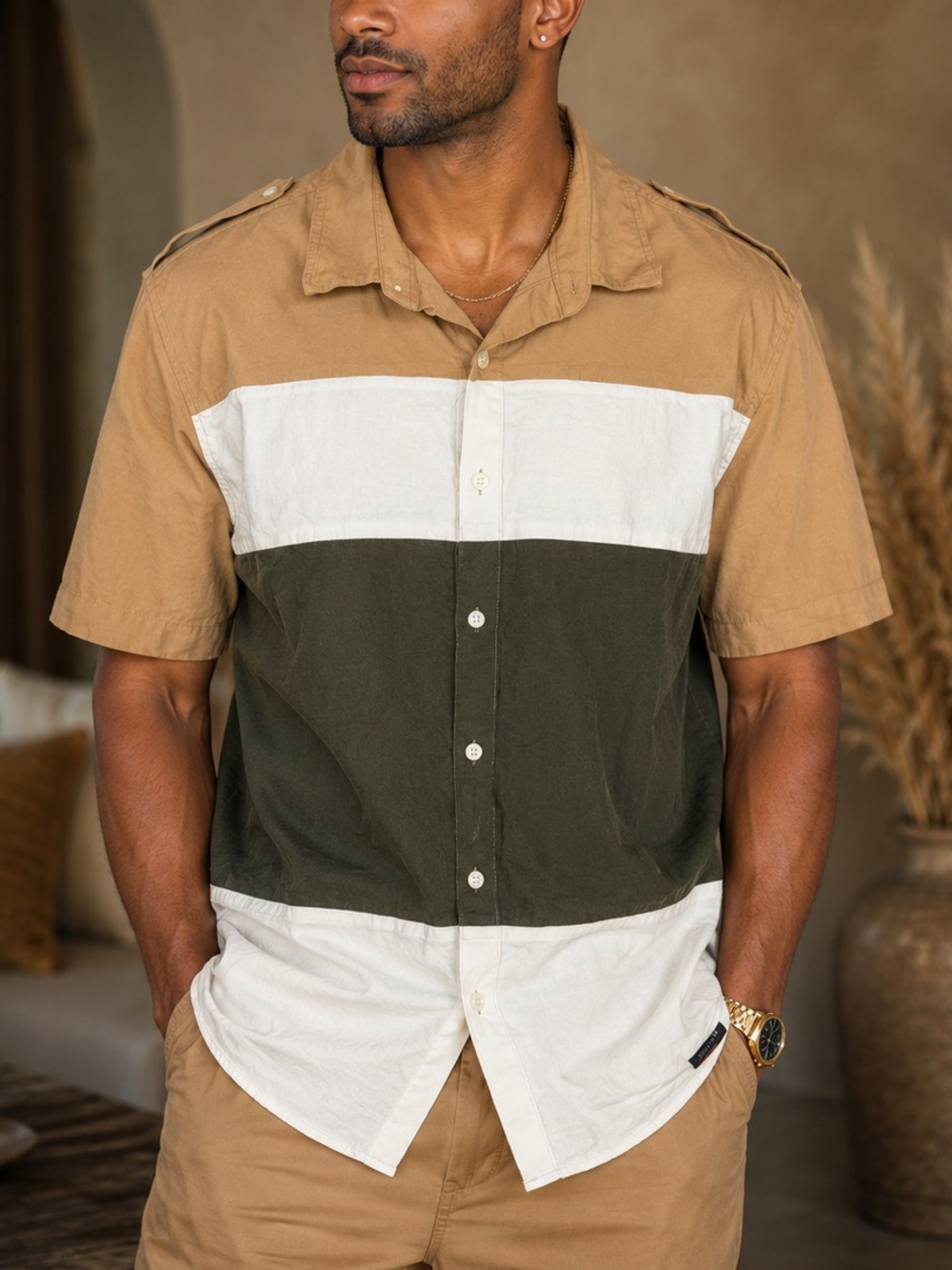 Sean John Mens Colorblock Short Sleeve Button Down Shirt Tan Olive Green Large